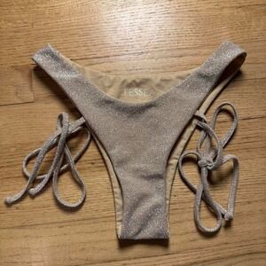 LESSEA Shimmer Metallic Side Tie Bikini Bottoms Champagne Gold High Cut Small